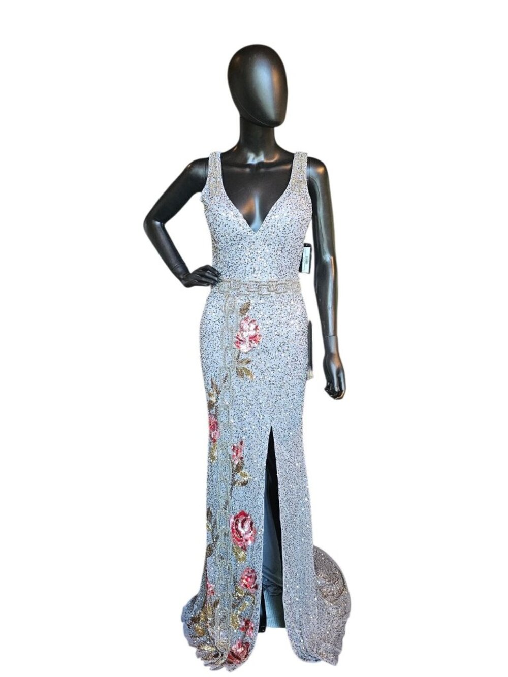 Pewter/Gold/Rose Full Bead V-Neck Fitted Maxi Formal/Gala/Prom Dress - Primavera
